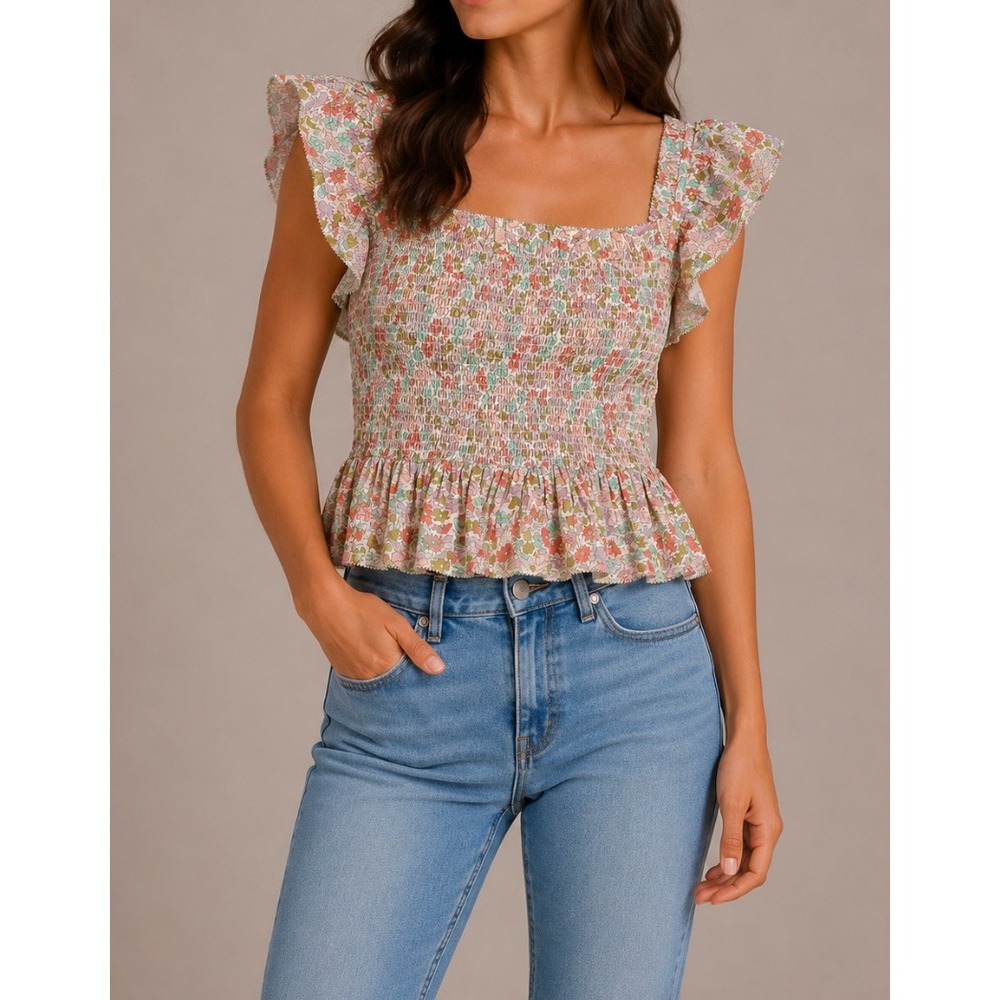 Anthropologie Love the Label Floral Smocked Peplum Top Ruffle Cap Sleeve Small